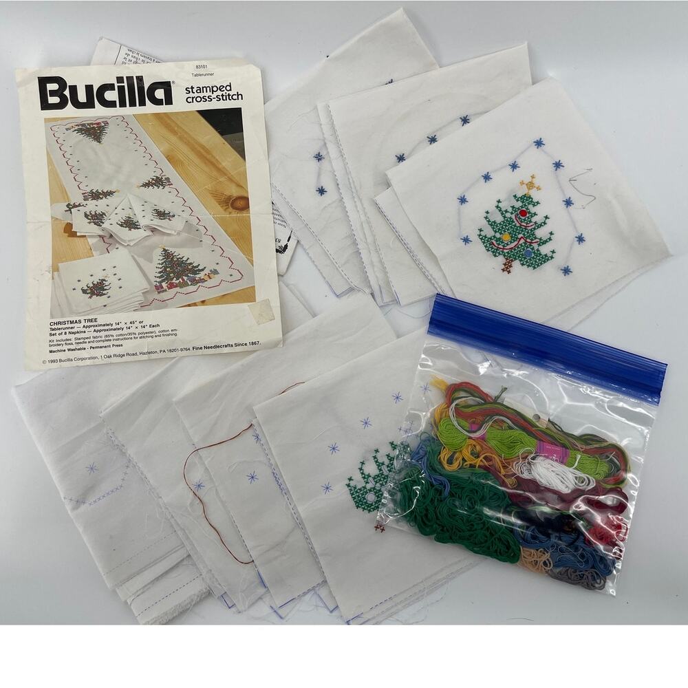 Vintage Bucilla Christmas Tree Stamped Cross Stitch Kit Runner Napkins Set WIP